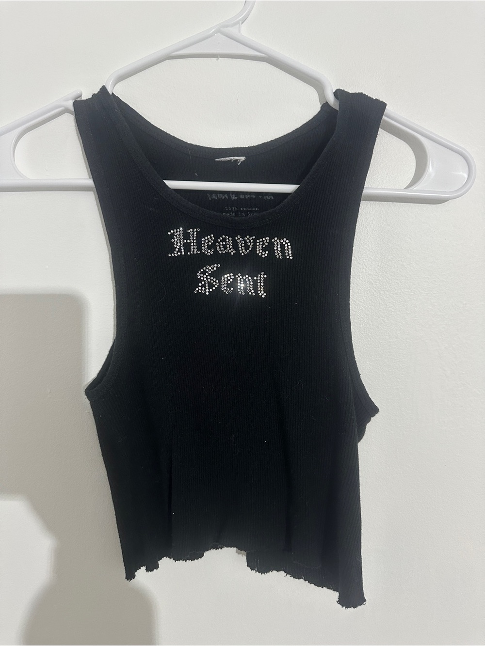 Rhinestone 'Heaven Scent' Black Ribbed Crop Tank